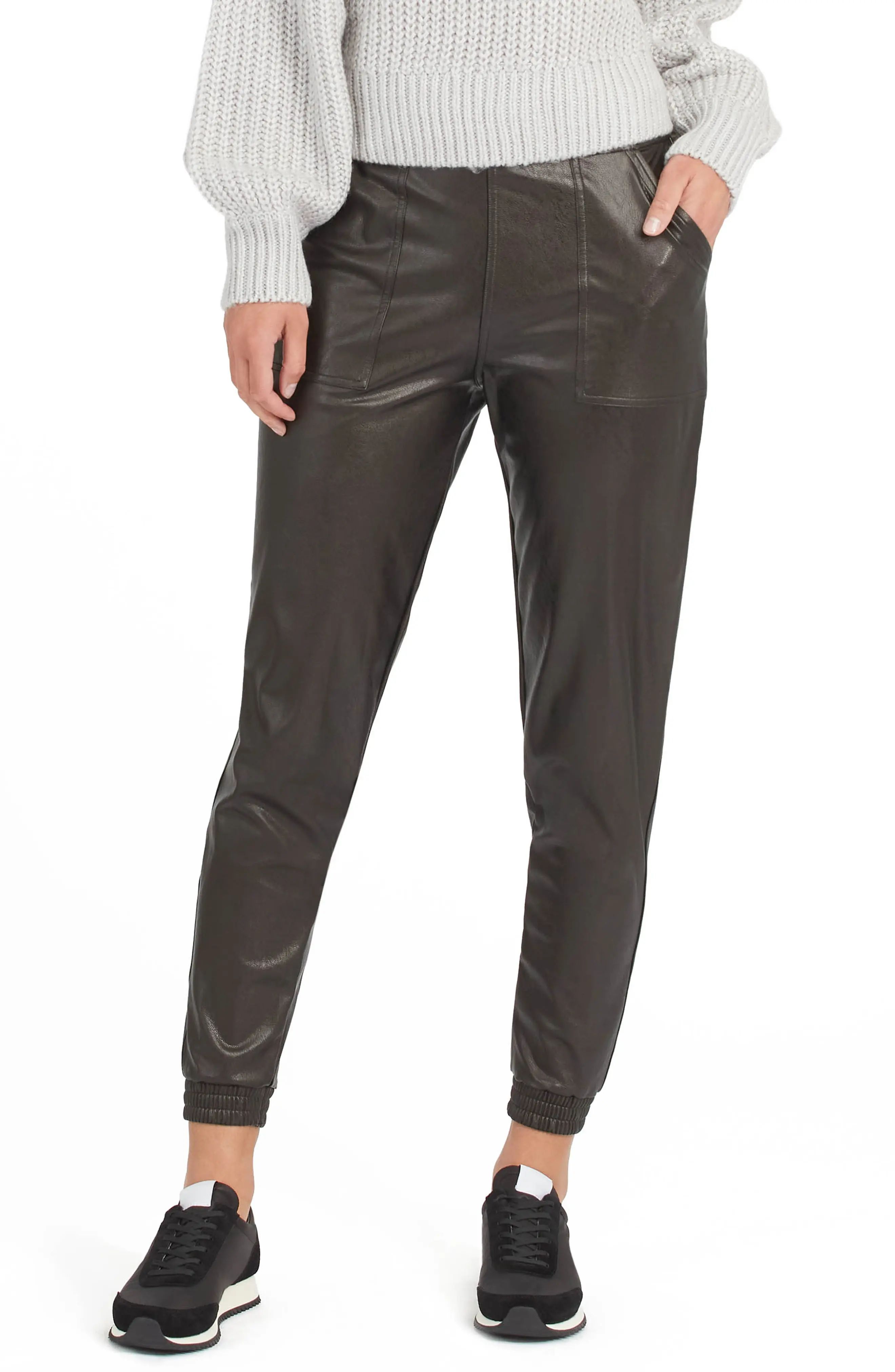 SPANX(R) Faux Leather Jogger Pants in Noir at Nordstrom, Size X-Large | Nordstrom