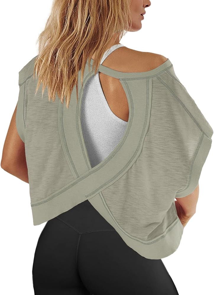 Panadila Womens Open Back Workout Top Oversized Workout T Shirts Backless Athletic Shirt Short Sl... | Amazon (US)