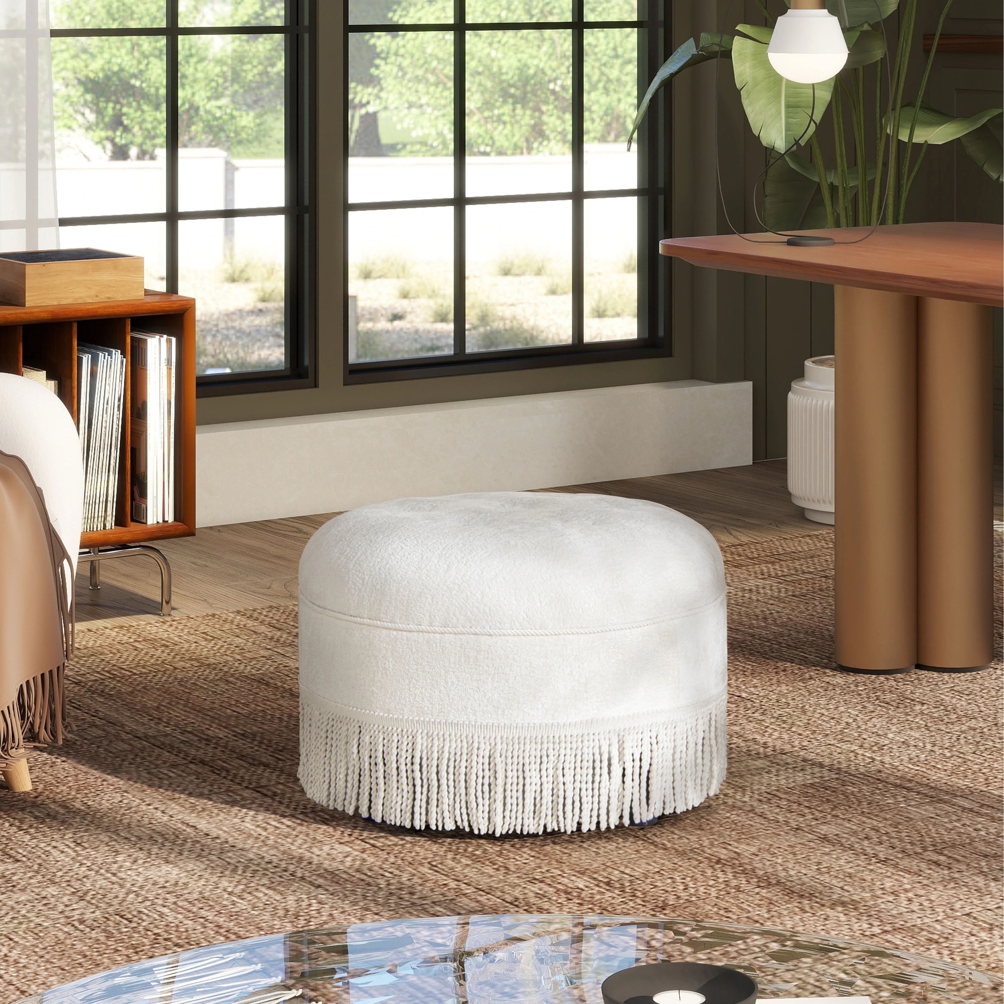 Yolanda 24" Upholstered Round Accent Ottoman - Almond White Chenille | Overstock