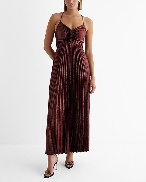 Metallic V-Neck Pleated Cross Back Maxi Dress | Express
