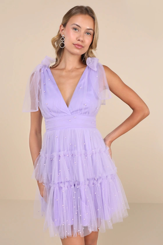 Tulle-Proof Lavender Dress Tulle Dress Beaded Dress Tiered Dress Light Purple Mini Dress Fall 2024 | Lulus