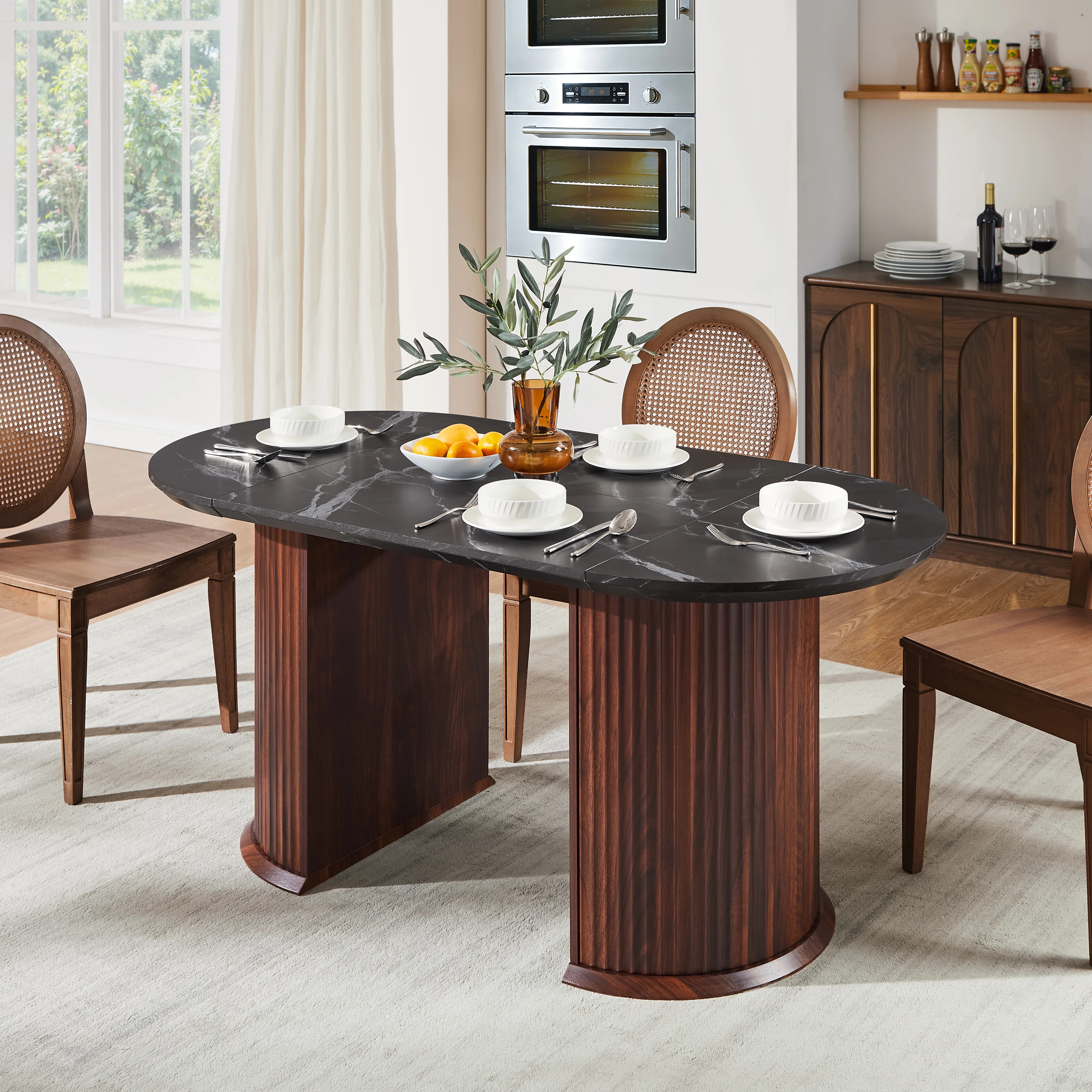 63" Fluted Oval Dining Table Double Pedestal Kitchen Table For 4-6 With Thickened Edge & Semi-cyl... | Wayfair North America