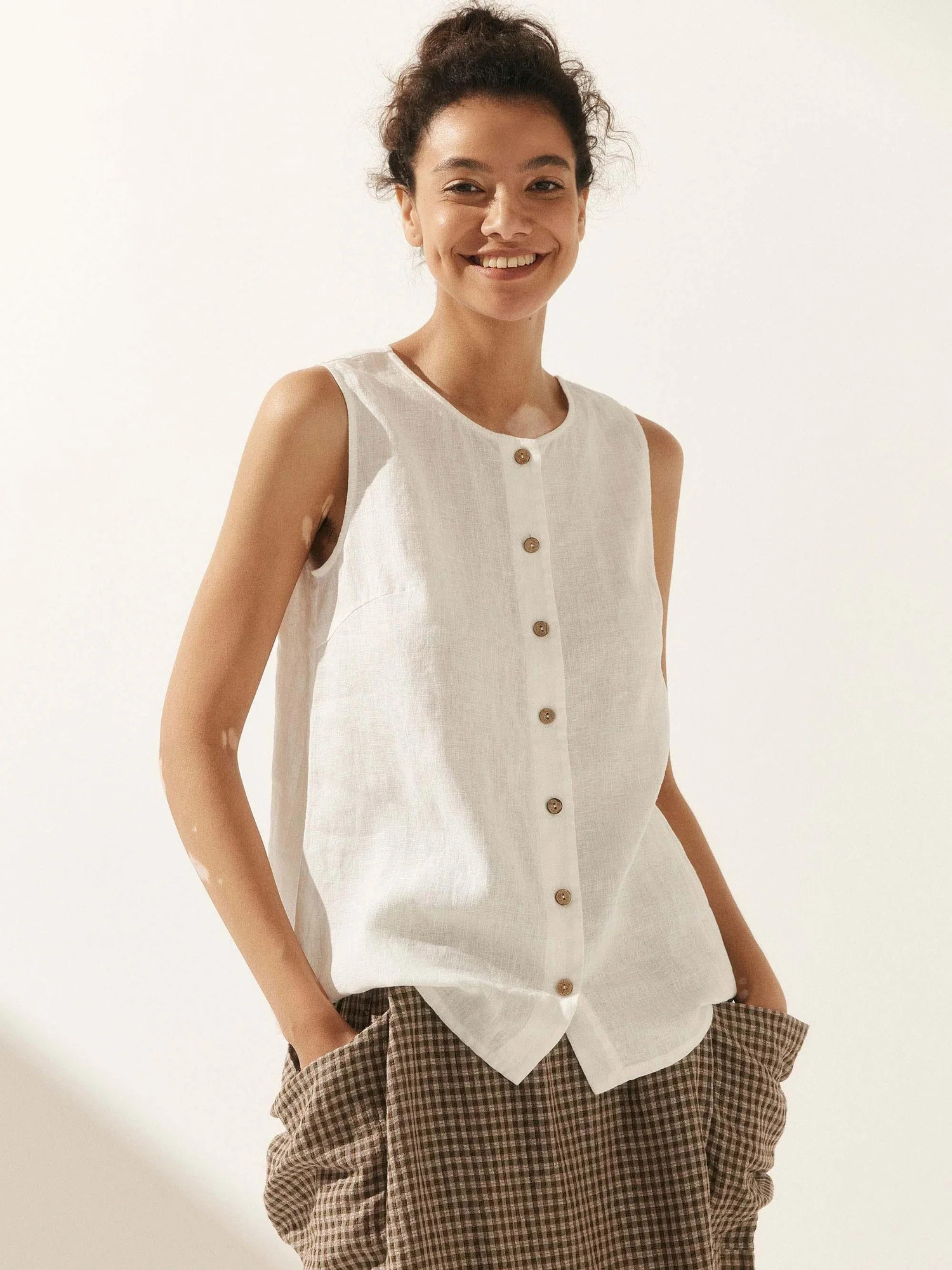 100% Linen Buttons Down Tank Top ERIN | LINTICO
