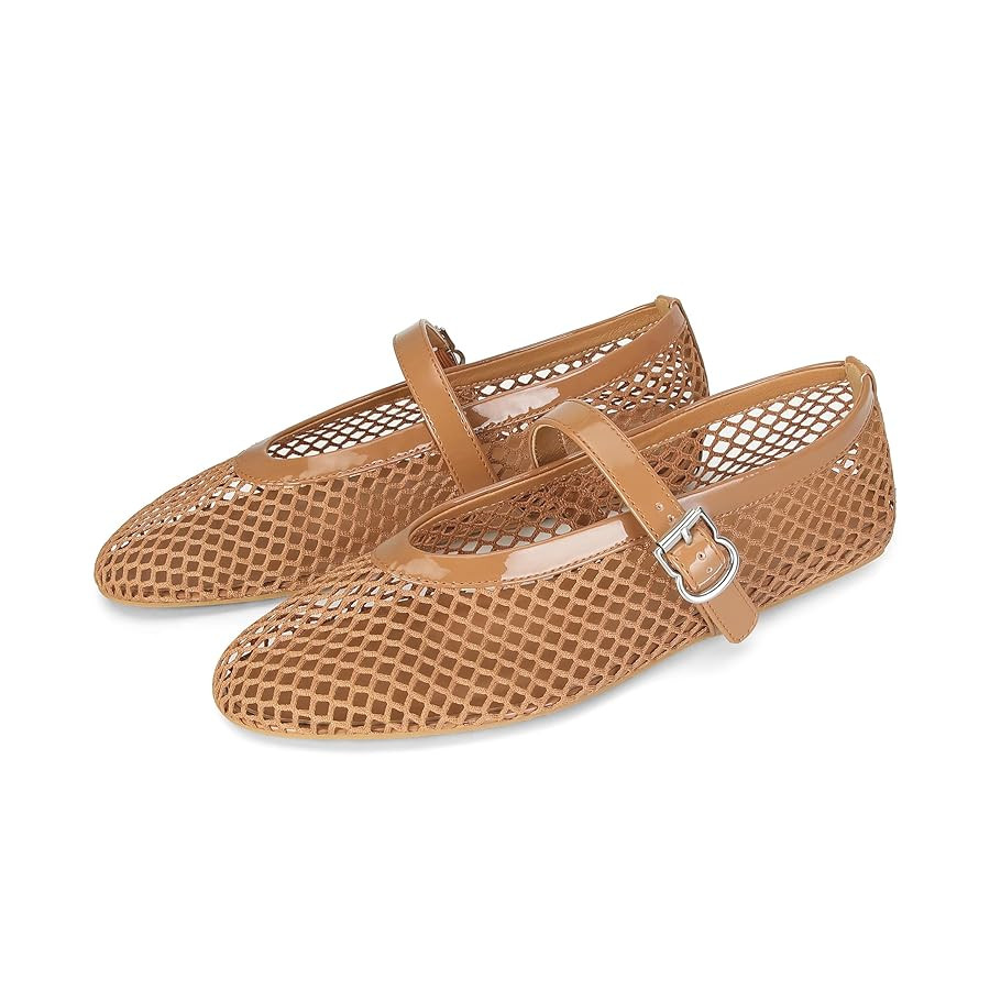 DOEYG Mesh Ballet Flats for Women Buckle Strap Comfy Casual Office Fishnet Ballerina Flat Shoes | Amazon (US)