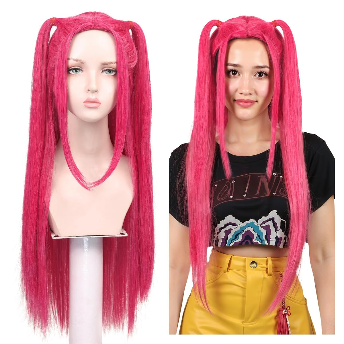 FantaLook Long Straight Hot Pink Cosplay Wig with 2 Ponytails for Women Halloween Party Costume | Amazon (US)