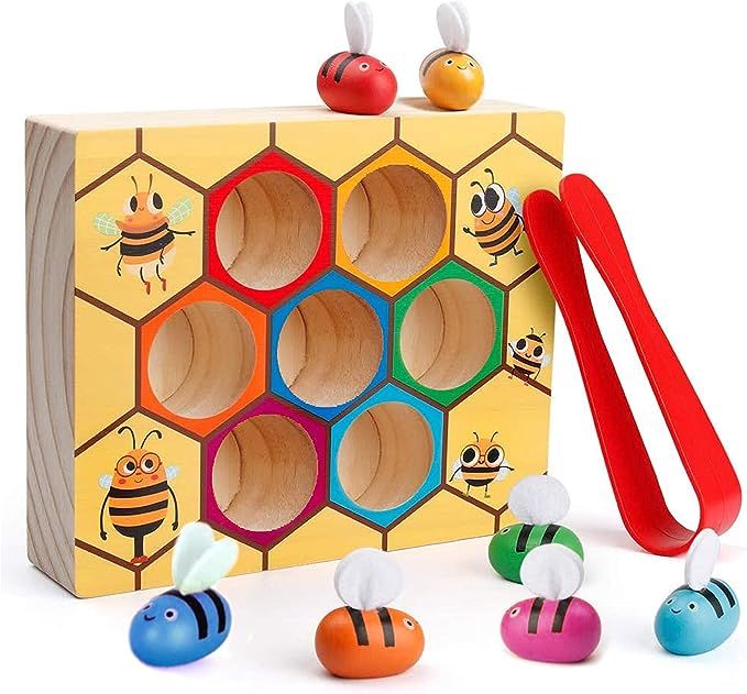 Toddler Fine Motor Skill Toy - Clamp Bee to Hive Matching Game - Montessori Wooden Color Sorting ... | Amazon (US)