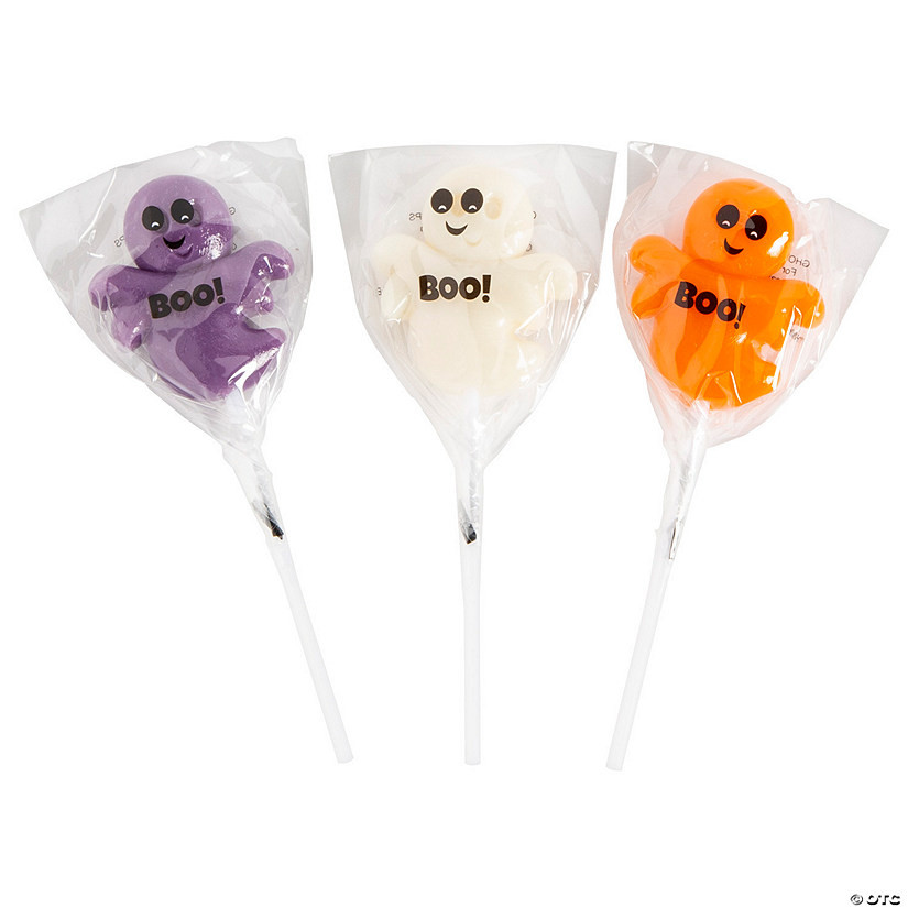 2 1/4" 7 oz. Happy Ghost Purple, White & Orange Tropical Fruit Lollipops - 12 Pc. | Oriental Trading Company