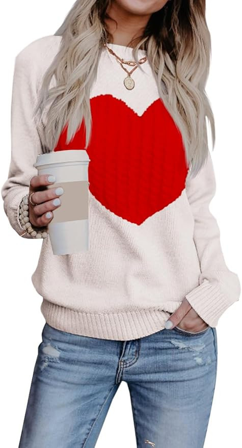 Heart Sweater for Women Valentines Day Gifts for Her Red Sweaters Crewneck Long Sleeve Lightweigh... | Amazon (US)