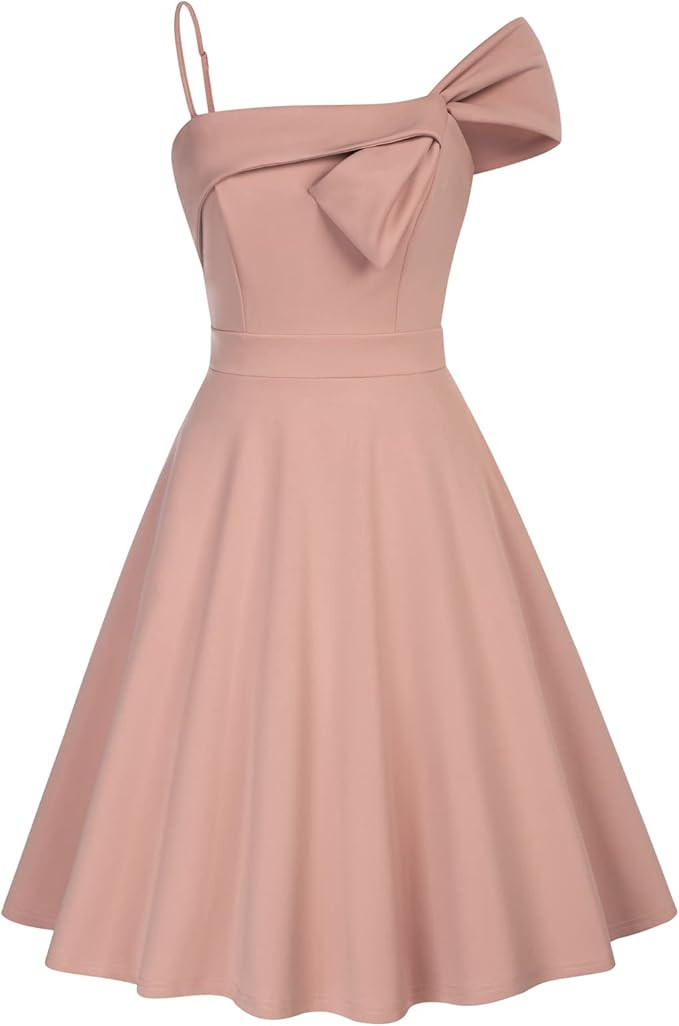 JASAMBAC Women's One Shoulder Dresses Aline Cocktail Wedding Guest Skater Dress with Pockets | Amazon (US)