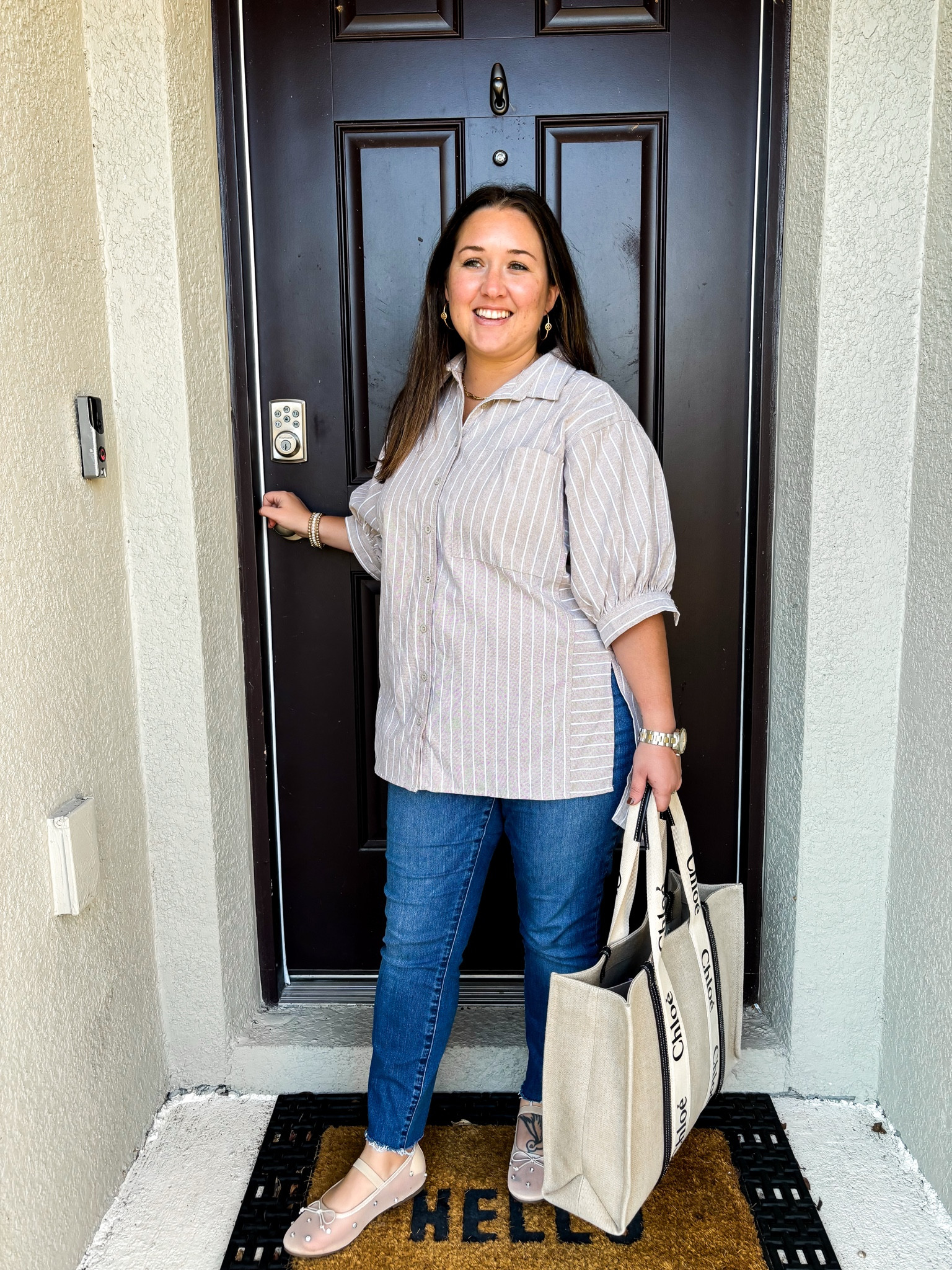 Top is from my boutique and denim is old Athleta no longer made but linked similar denim, bags and shoes! 

Top - https://shoprootedandfree.co/collections/new-arrivals/products/striped-puff-sleeve-button-down-oversized-shirt

#LTKStyleTip #LTKMidsize #LTKFindsUnder50