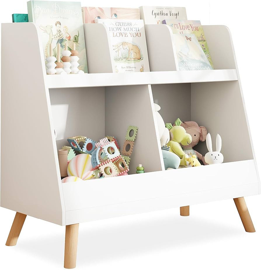 Curipeer Kids Bookshelf And Toy Organizer, 5 Cubbies Wooden Open Bookcase, 2-Tier Baby Storage Di... | Amazon (US)