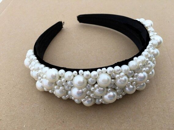 Beautiful Ivory Faux Pearl Encrusted Jewelled Headband Alice Band on Black Satin 4.5 cms Wide | Etsy (UK)