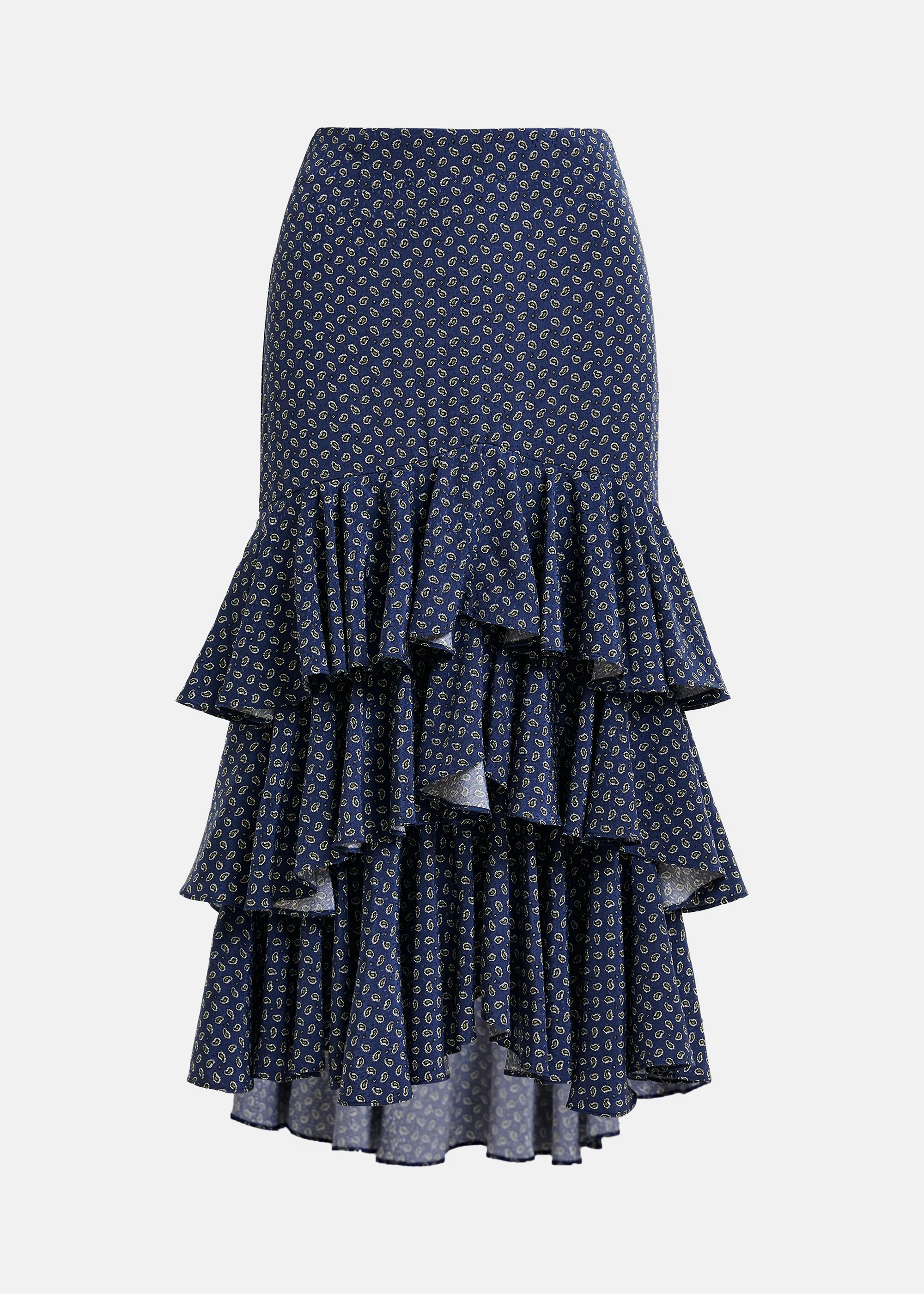 Dark blue, green and white asymmetrical layered midi skirt | Essentiel Antwerp United States | Essentiel Antwerp
