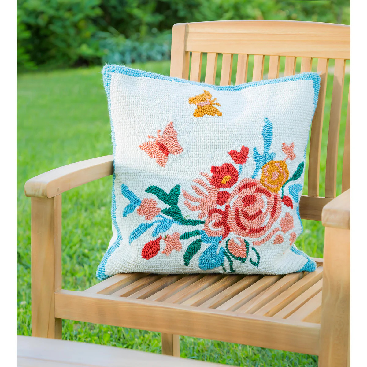 Indoor/Outdoor Hooked Pillow 18"x18" Butterfly Meadow | Plow & Hearth