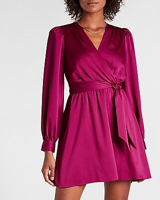 Satin Tie Waist Long Sleeve Mini Dress | Express