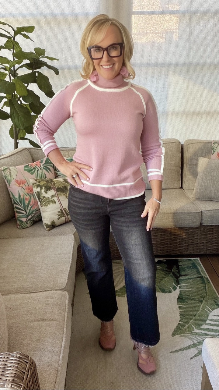 Blush is my new favorite color for fall! This Amazon turtleneck sweater is on major sale for Prime Big Deals Days (which only runs through tomorrow, 10/7!) and I paired it with these distressed wide leg jeans for a fun look. I finished it off with these statement readers, floral earrings, and my new favorite pair of Sneex!! Shop my look 💗