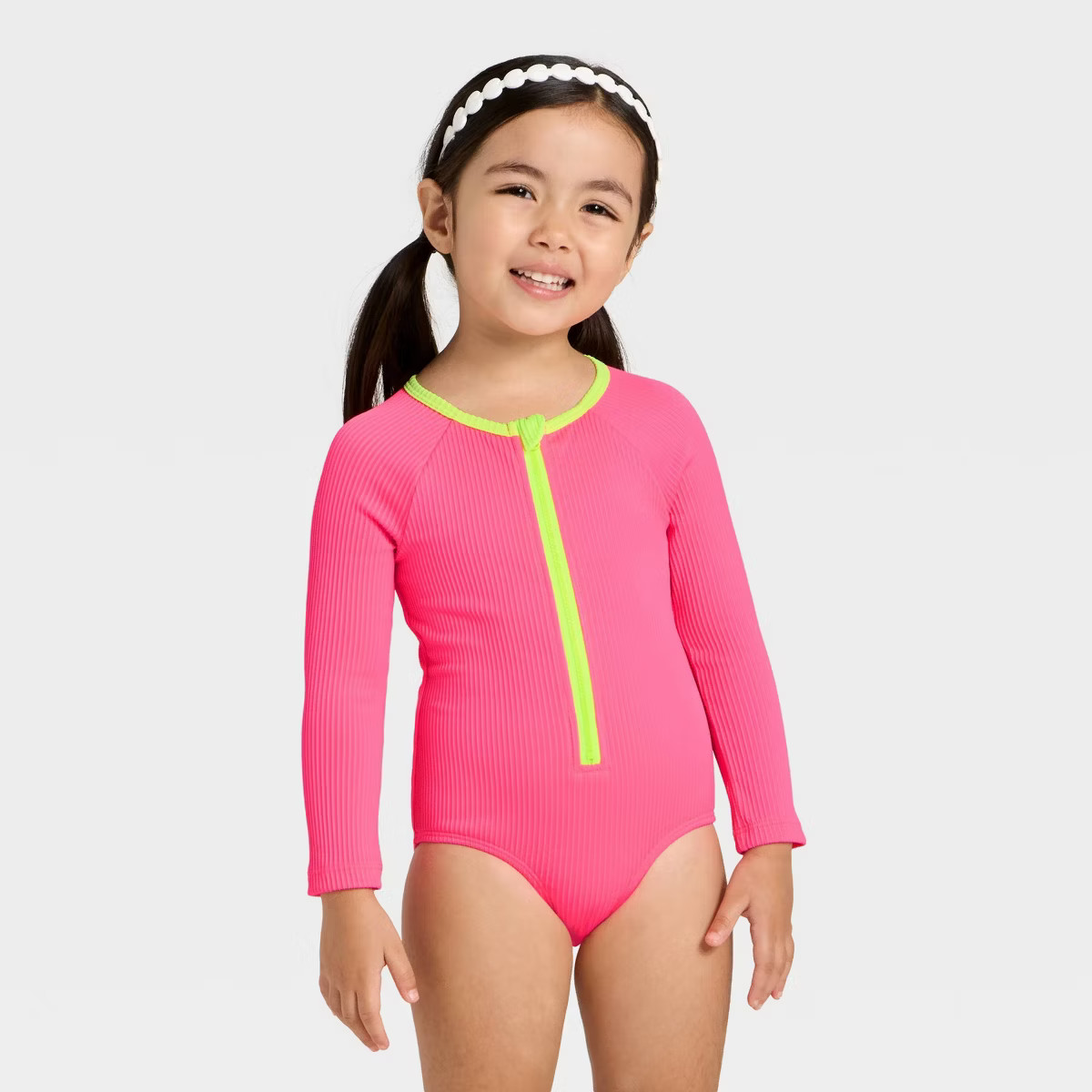 Toddler Girls' Long Sleeve One Piece Ribbed Rash Guard Swimsuit - Cat & Jack™ Bright Pink | Target