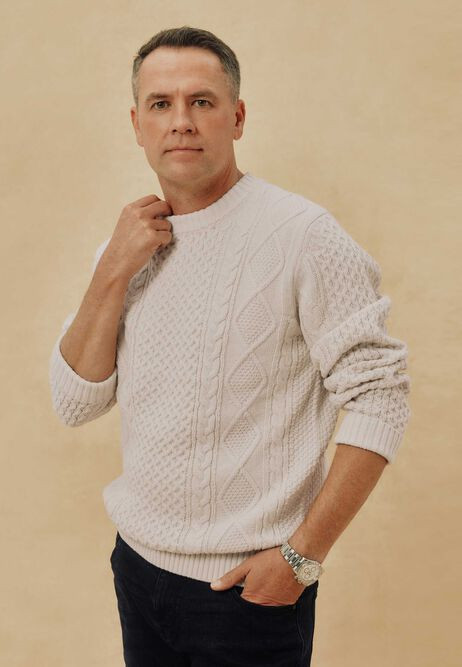 Mens Ecru Cable Knit Crew Neck Jumper | Peacocks