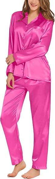 SWOMOG Long Sleeve Pajamas Set Silk Satin Sleepwear Button Down Pjs Loungewear with Pocket | Amazon (US)