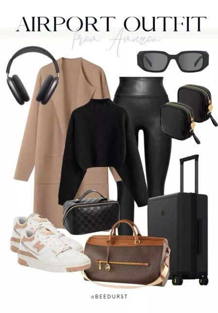 Airport outfit from Amazon, sneakers, travel outfit, winter outfit, travel bag, black suitcase, leather leggings, vacation outfits, travel organization, new balance, carry on bag

#LTKstyletip #LTKshoecrush #LTKtravel
