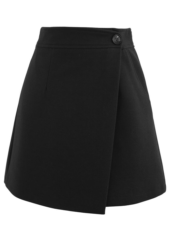 Flap Button Wool-Blend Mini Skirt in Black | Chicwish