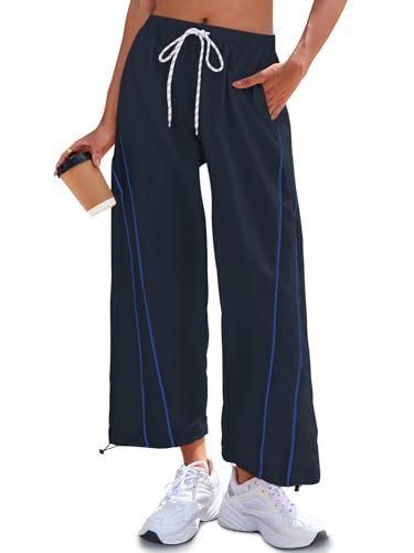 Fisoew Womens Baggy Wide Leg Pants Casual Elastic Waist Drawstring Hiking Workout Cropped Track Pants with Pockets Navy | Amazon (US)