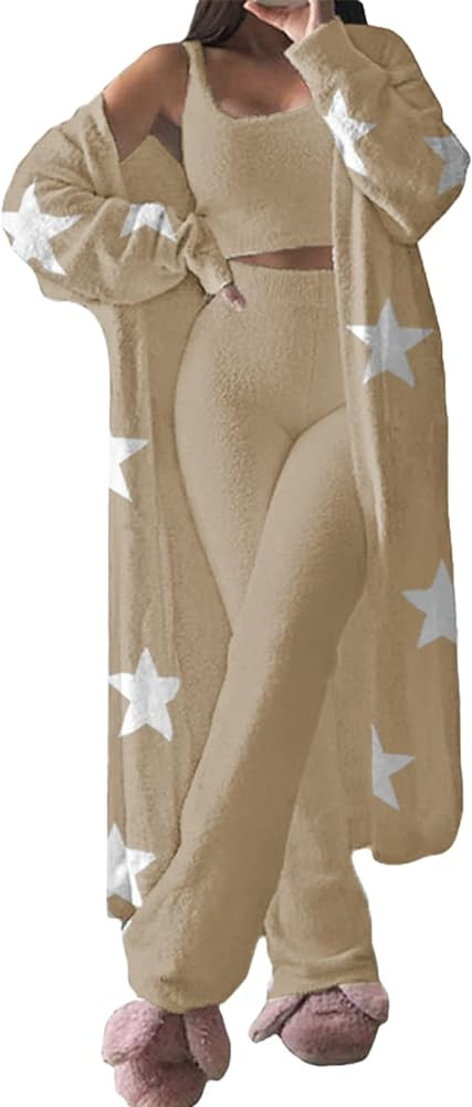 Fixmatti Women's Fuzzy 3 Piece Sweatsuit Open Front Cardigan Crop Tank Tops Wide Legs Pants Loung... | Amazon (US)