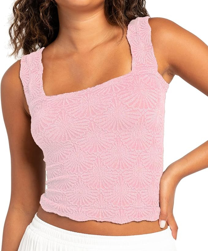 Women's Square Neck Wide Strap Crop Tank Tops Flower Going Out Tops Slim Fit Lettuce Trim Crop Ca... | Amazon (US)