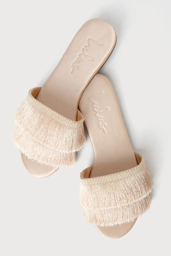Maelie Light Nude Satin Fringe Slide Sandals | Lulus (US)