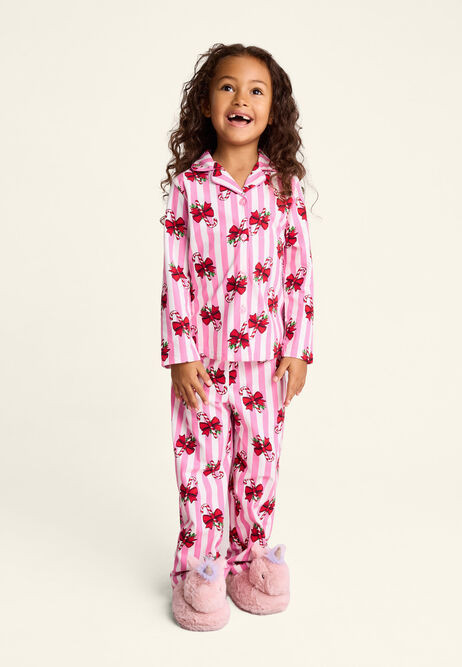 Girls Pink Stripe Candy Cane Bow Family Pyjama Gift Set | Peacocks