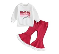 Gueuusu Toddler Baby Girl My 1st Christmas Outfit Santa Baby Long Sleeve Sweatshirt Flared Rib Pa... | Amazon (US)