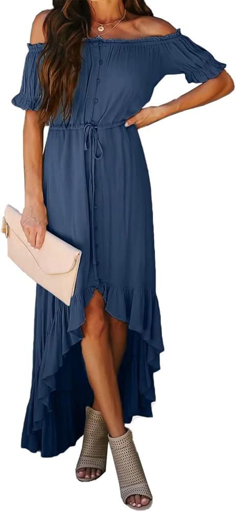 Dokotoo Womens Off The Shoulder Casual Short Sleeve Maxi Dress High Low Solid Cocktail Skater Dresse | Amazon (US)