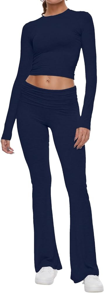AnotherChill Women's 2 Piece Lounge Sets Fold-over Flare Pants Set Long Sleeve Cropped Top Casual... | Amazon (US)