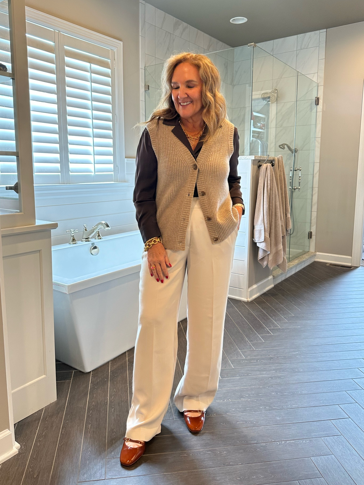 Love these quince pieces. 

Wearing size large in the silk blouse and cashmere vest. Size 10 in the trousers. They are so good. Flat front. Super flattering. 

My sezane shoes are beautiful leather. A Mary Jane slingback. They really are lovely. A reddish caramel brown. 

Gold jewelry by Julie Vos. A favorite. 

Fall Outfits fall sweaters quince cashmere work outfit office outfit teacher style 

#LTKWorkwear #LTKFindsUnder100 #LTKMidsize