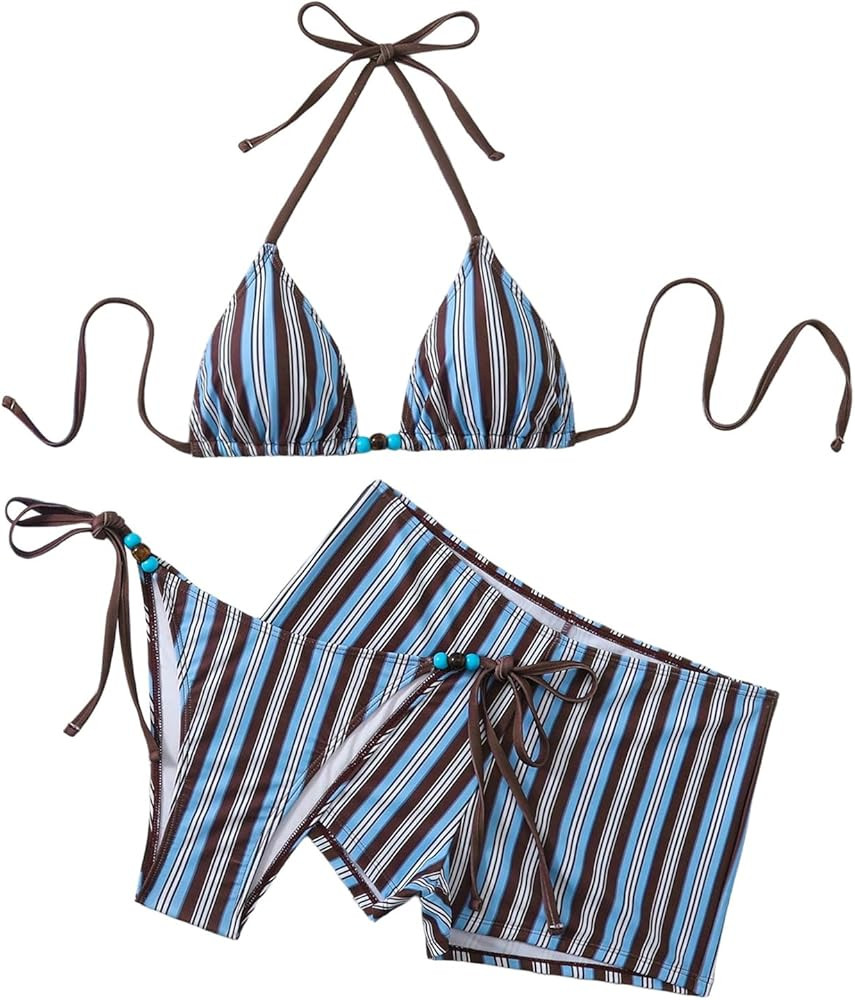 SHENHE Women's 3 Piece Swimsuits Y2k Striped Triangle String Bikini Set with Cover Up Shorts | Amazon (US)