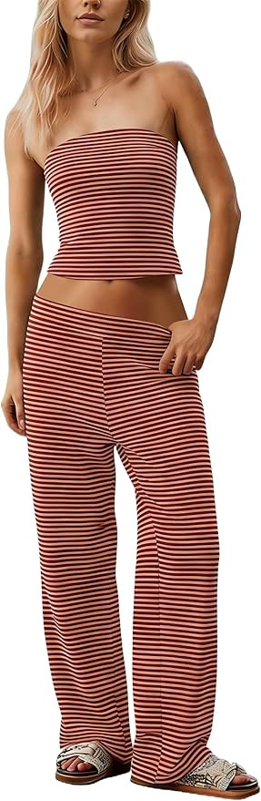 Women Sailor Tube Top Set 2 Piece Outfits Striped Strapless Bandeau Low Waist Wide-Leg Pants Loun... | Amazon (US)
