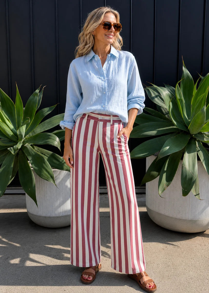 Billie Burgundy and Cream Striped Jeans | Benaar La