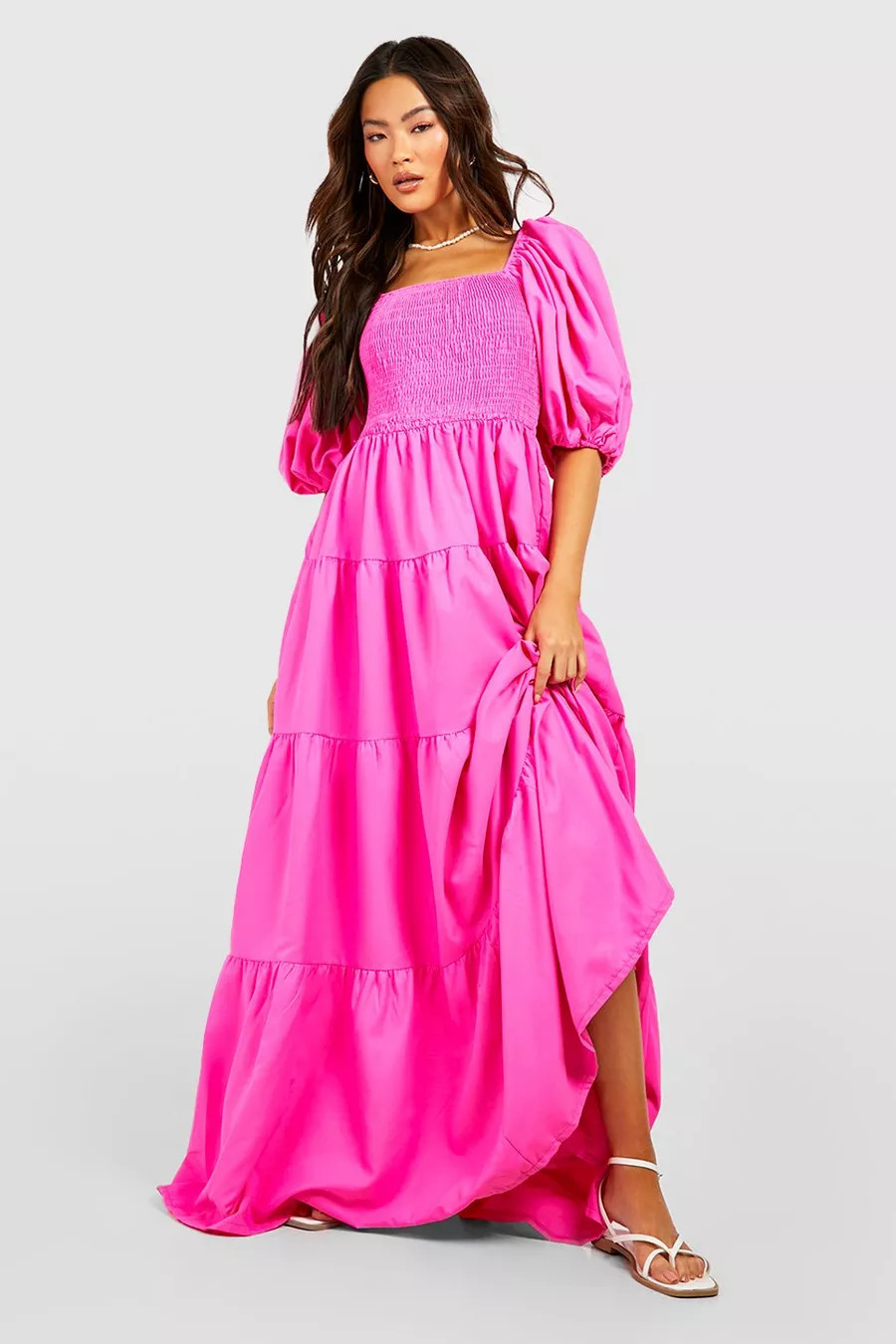 Extreme Puff Sleeve Shirred Maxi Smock Dress | boohoo (US & Canada)