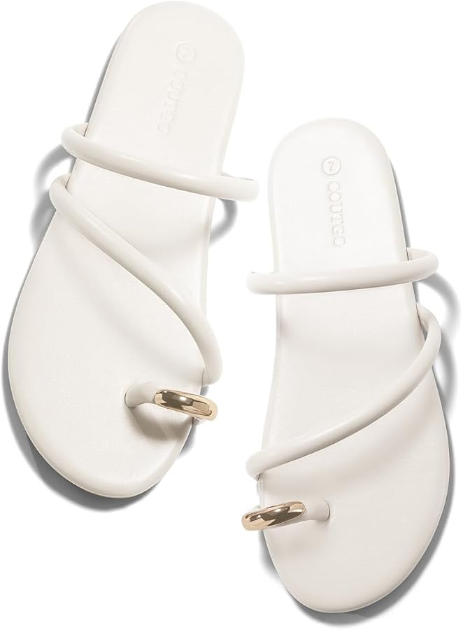 Coutgo Womens Strappy Flat Sandals Square Open Toe Flip Flops Slides Toe Ring Summer Dress Shoes | Amazon (US)