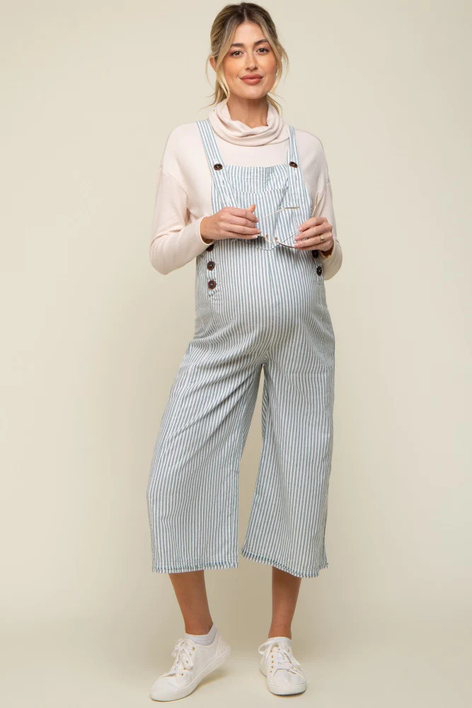 Blue Striped Crop Wide Leg Linen Maternity Overalls | PinkBlush Maternity