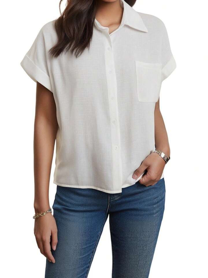 Women's Summer Cotton Linen Tops Short Sleeve Lapel Button Up Solid Color Shirt With One Pocket | SHEIN