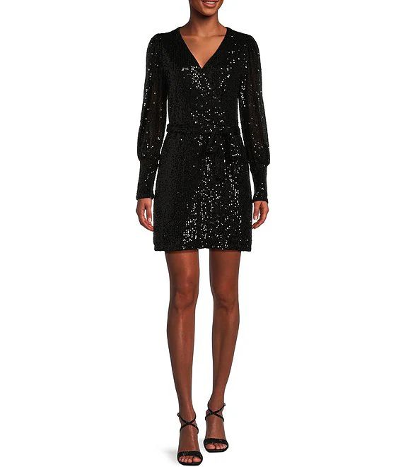 Long Blouson Sleeve Sequin Wrap Dress | Dillard's