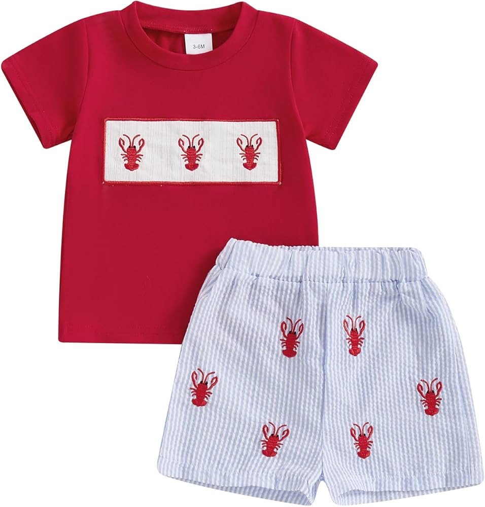 vchoohce Toddler Little Boy Shorts Set Seafood Embroidered Short Sleeve T-shirts Plaid Elastic Wa... | Amazon (US)