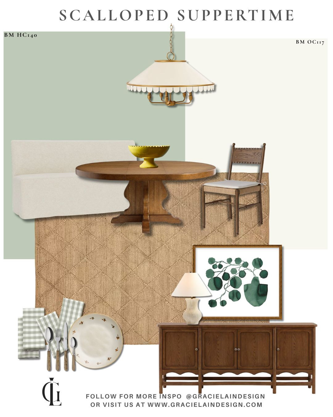 A dining room should feel just as welcoming for a quiet morning coffee as it does for a table full of friends. This space layers warm wood tones, soft sage and cream hues, brass accents, and thoughtful scalloped details—from the lighting to the sideboard and dining chairs—for a look that's refined without ever feeling fussy.
A slipcovered bench invites everyone to linger a little longer, while hand-painted dinnerware, a richly textured rug, and botanical artwork add character, warmth, and an effortless collected feel. The beautiful extendable dining table makes gathering easy, whether it's an intimate weeknight meal or a holiday celebration. Every layer is chosen to create a home that feels grounded, inviting, and beautifully lived in.
Shop the look here on LTK, and discover more timeless, livable interiors at gracielaindesign.com.
#LTKHome #DiningRoomDesign #InteriorDesign #OrganicModern #CollectedHome #ScallopedDetails #WarmMinimalism #TimelessInteriors #HomeDecor #DiningRoomInspo #EarthyInteriors #SageGreenDecor #NeutralHome #BrassAccents #BotanicalArt #TexturedInteriors #HandPaintedCeramics #GatherAtHome #ClassicDesign #GracielainDesign 

 #LTKHome #LTKSaleAlert