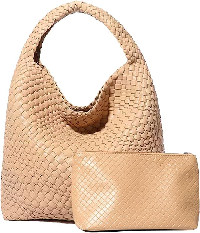 Woven Bag for Women, Vegan Leather Tote Bag Large Summer Beach Handbag Purse Retro Handmade Trave... | Amazon (US)
