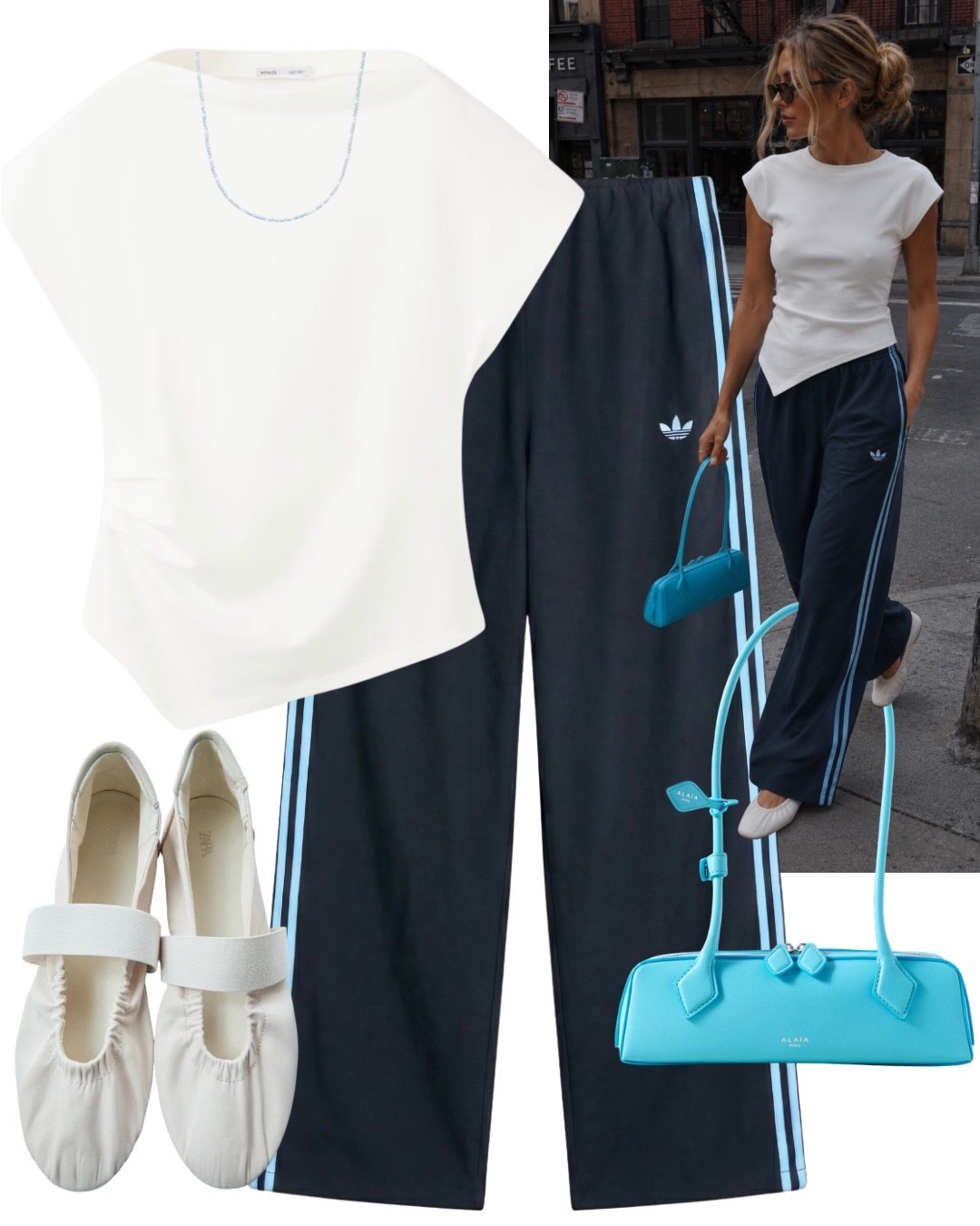 Adidas originals wide leg track pants, white asymmetrical top, white ballet flats and Alaia bag.
Blue outfit, casual everyday outfit, elevated casual, 90s style, sporty chic style, autumn, transitional style, summer outfit.

#LTKsummer #LTKunboxing #LTKFashionMonth