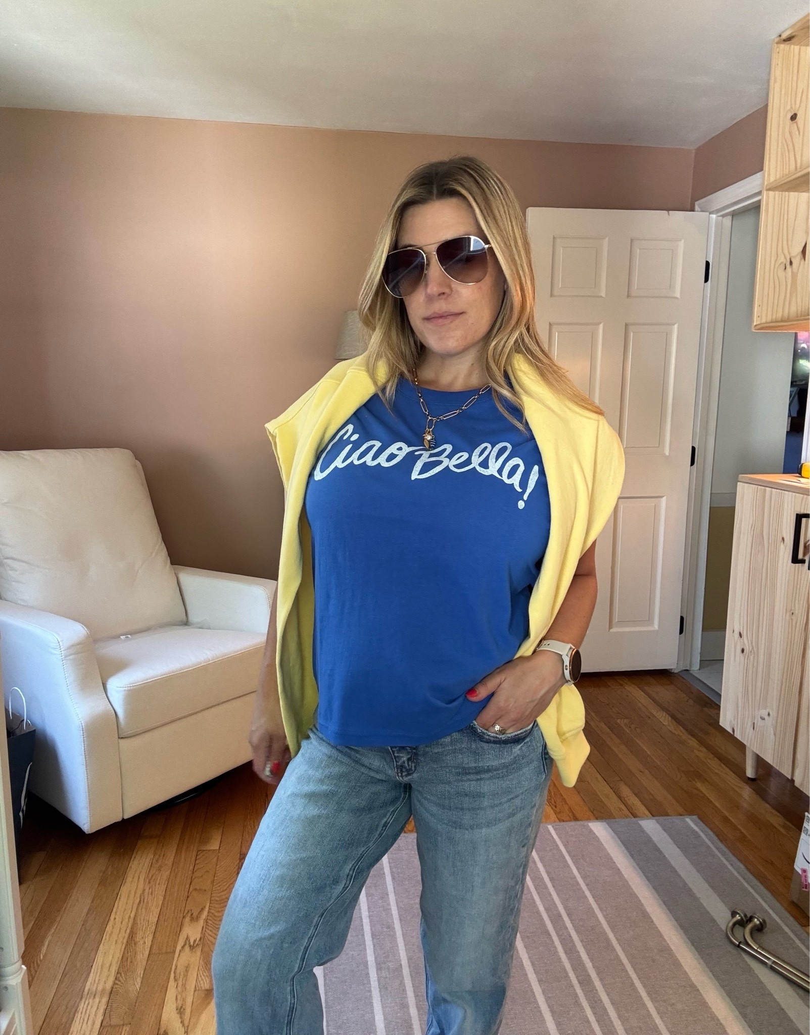 summer outfit inspired by y2k. graphic tee, aviators, pop of color.
 

 #LTKootd #LTKSeasonal #LTKBump