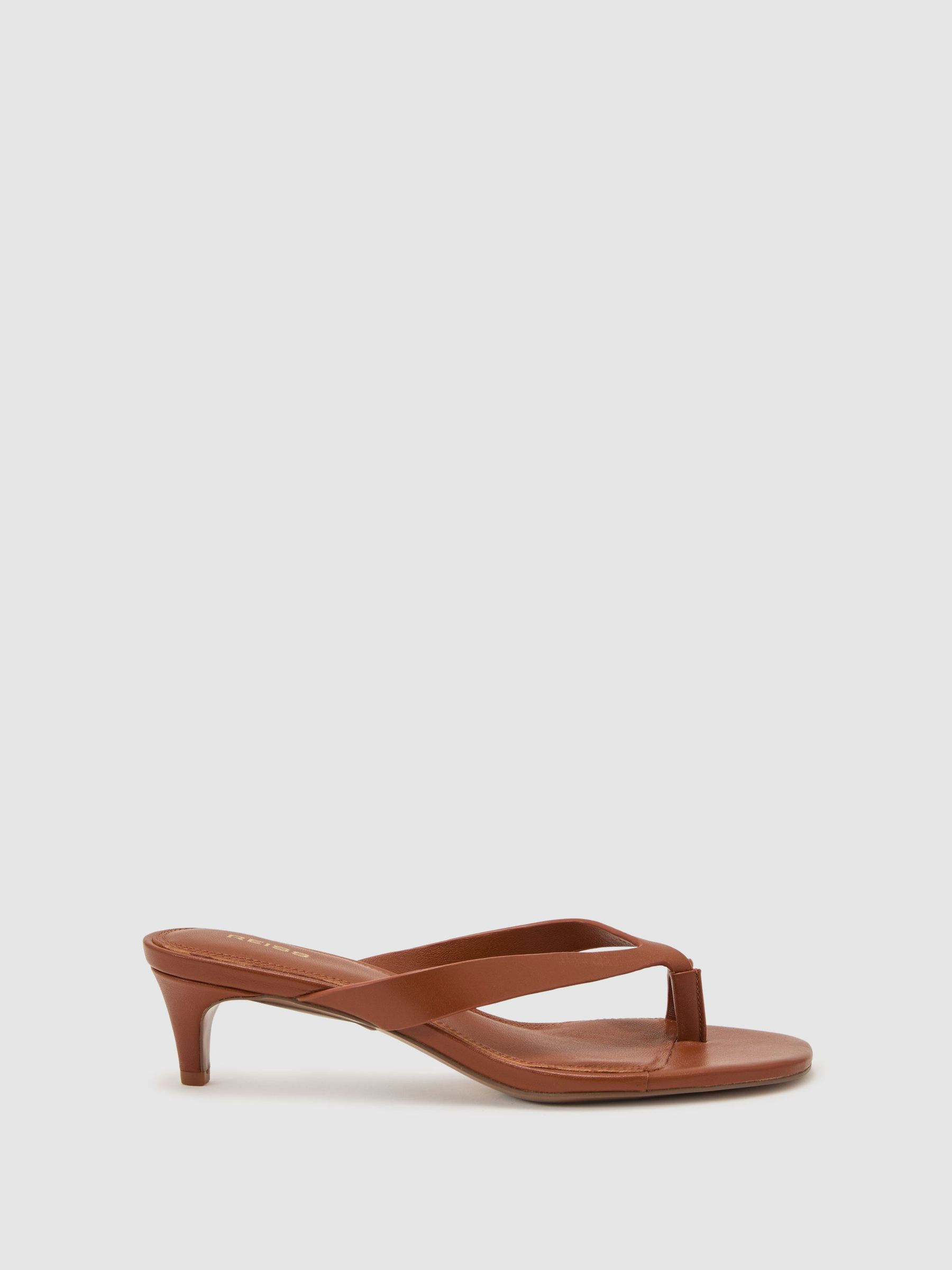 Reiss Leather Lizard-Effect Kitten-Heel Sandals in Tan - REISS | Reiss UK
