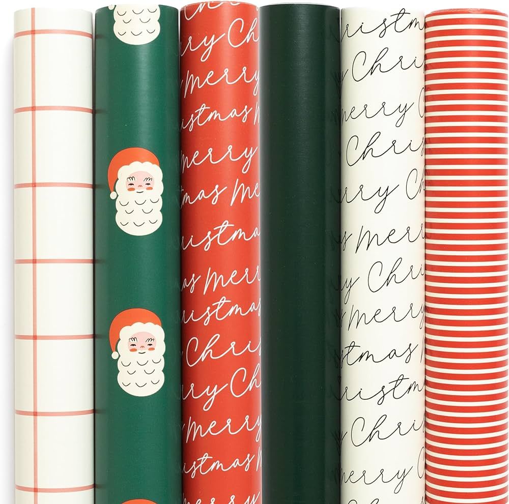 Merry Market 6-pack Premium Satin Christmas Wrapping Paper, Minimal Holiday Gift Wrap, Red Stripe... | Amazon (US)