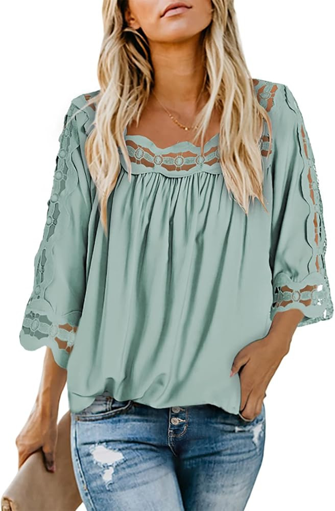 Dokotoo Women 3/4 Sleeve Lace Crochet Tops Blouse Flowy Square Collar Solid Color Shirt 2023 Summ... | Amazon (US)